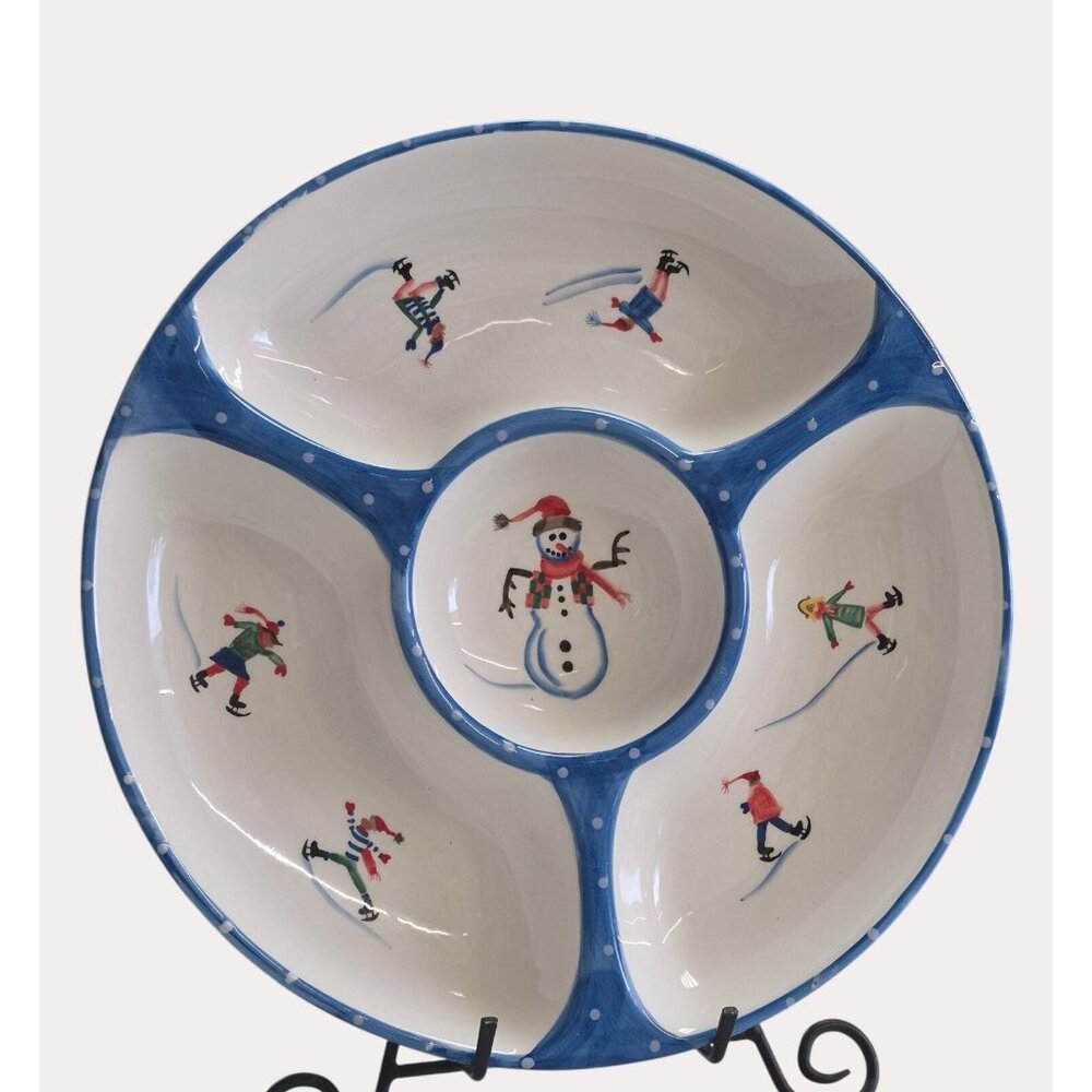 Living Quarters Christmas Village Snowman & Skaters Divided Ceramic Serving Tray